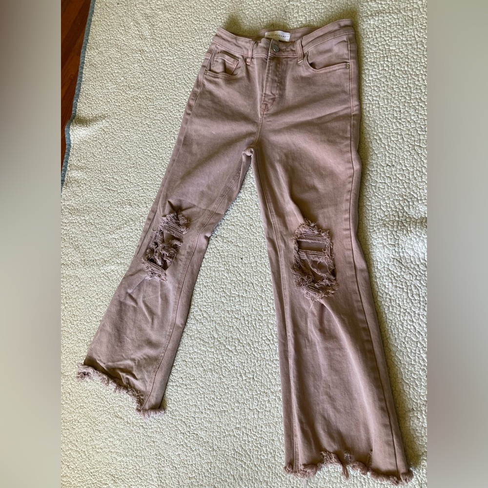 Risen brand, size 7/28 waist, muted Mauve Distressed Flare Jeans